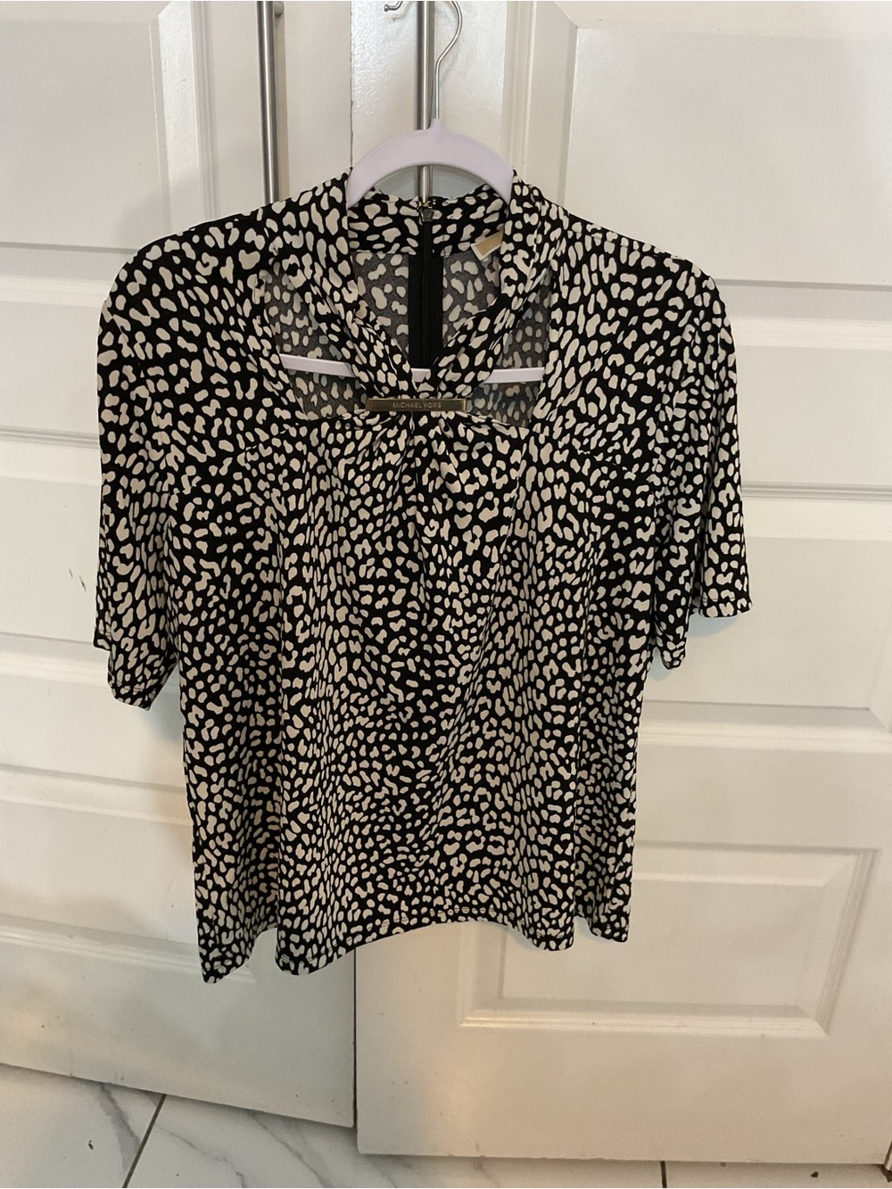 Michael Kors Black and Cream Tie-Neck Short Sleeve Blouse